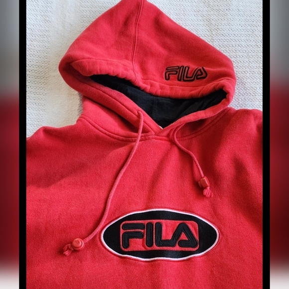 FILA mens XL hoodie red pullover sweatshirt logo on front, hood, sleeve - Picture 10 of 10